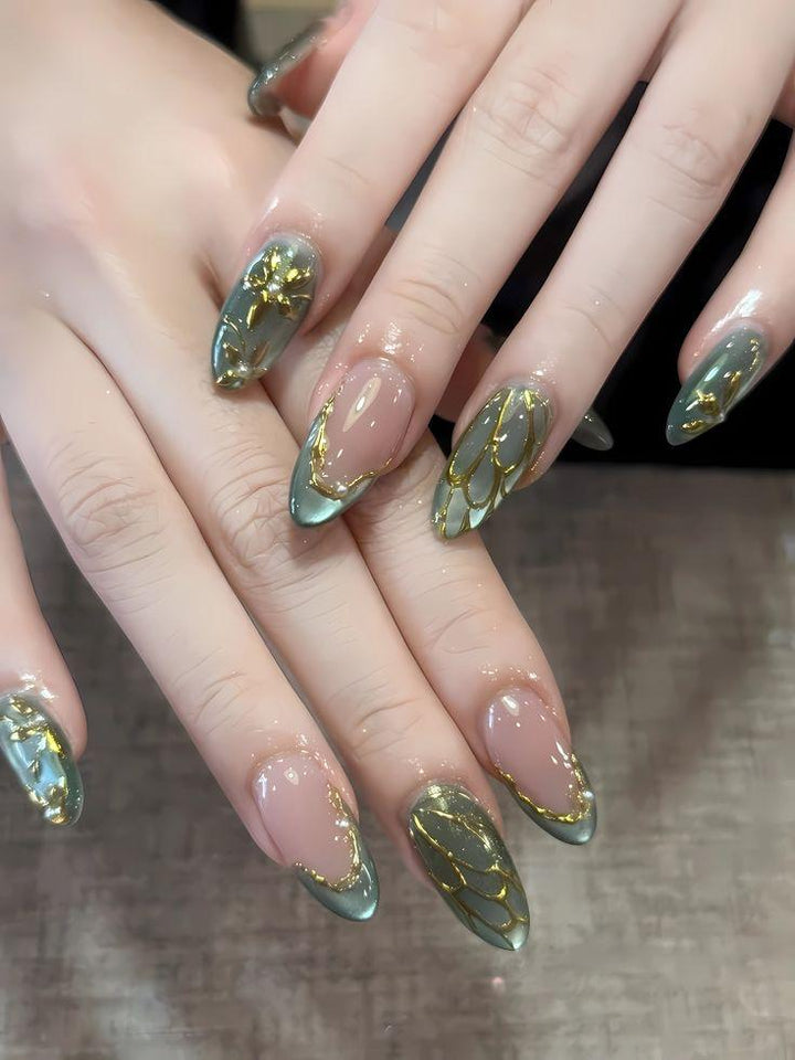 green fortune press on nails