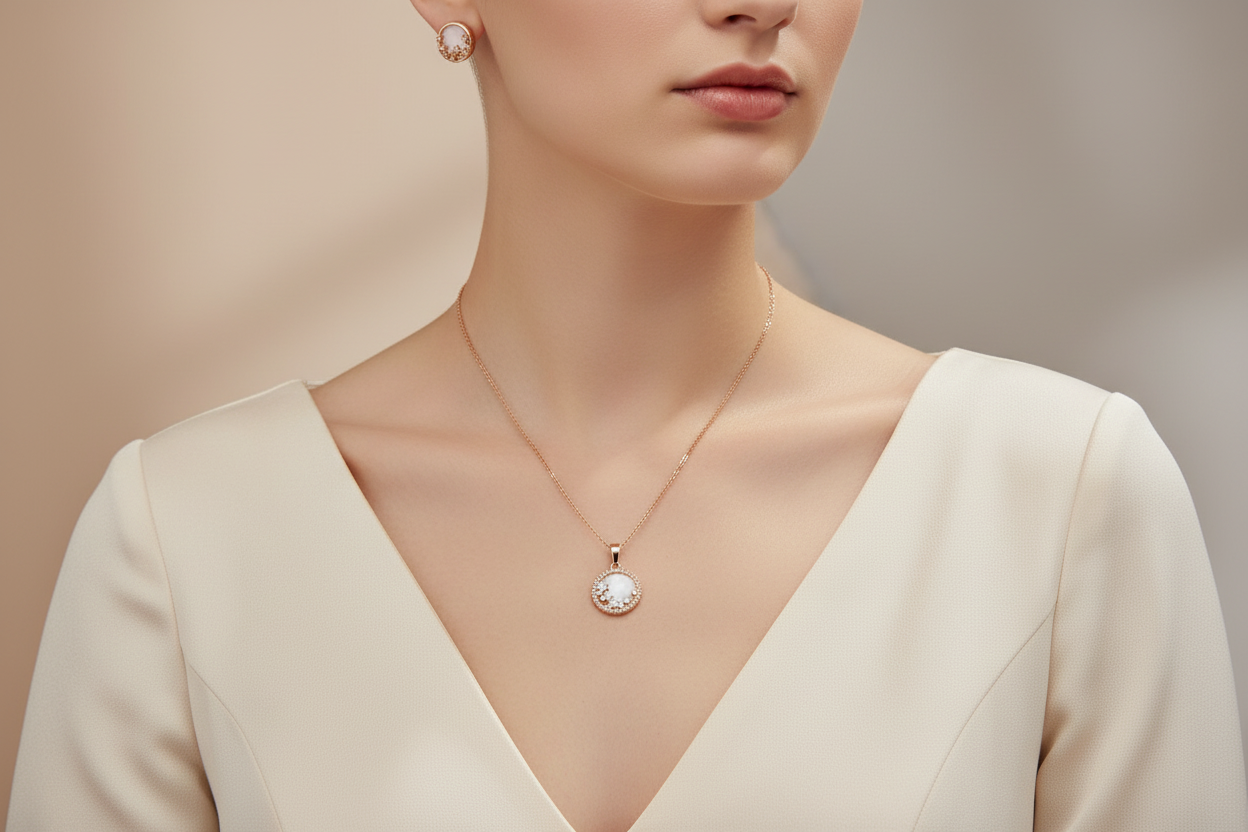 Liberty in round mother of pearl pendant set