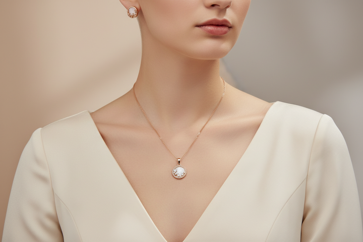 Liberty in round mother of pearl pendant set