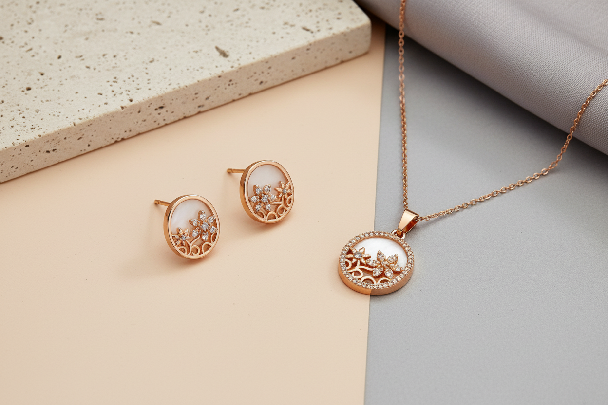 Blossom flower mother of pearl pendant set