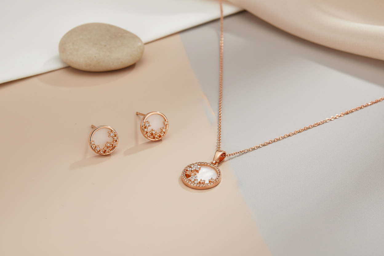 Liberty in round mother of pearl pendant set